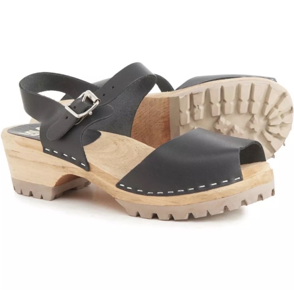 MIA 1976 Black Leather Greta Open Toe Wood Heeled Clogs Size 37